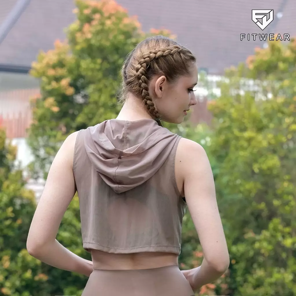 Fitwear - Tanktop Crop Jaring / Mesh / Sheer Olahraga ESTHER OUTER HOODIE CRP - KHAKI