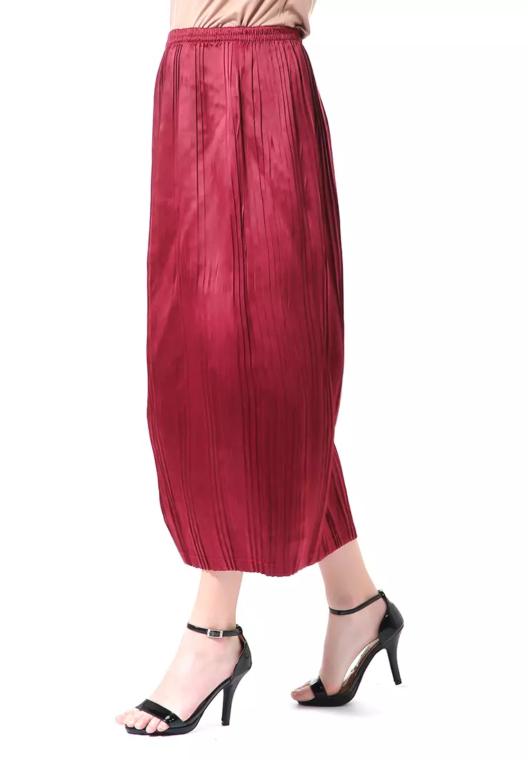 Angely Rok Plisket Rubbery Waist Fashion Wanita Simple - Maroon