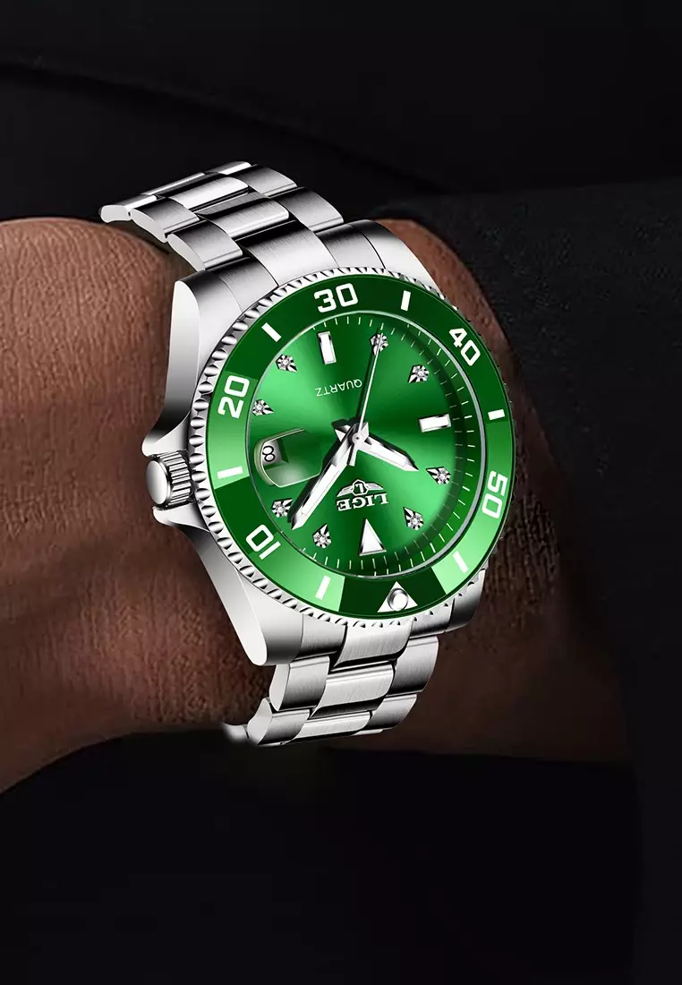 Unisex Classic Diver's Stainless Steel Quartz Watch, Stainless Steel Bracelet