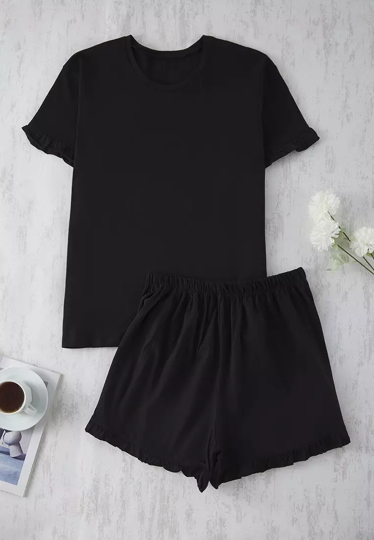 Black Crew Neck Ruffle Detailed 3 Piece Pajama Set Tbbss25Ai00093