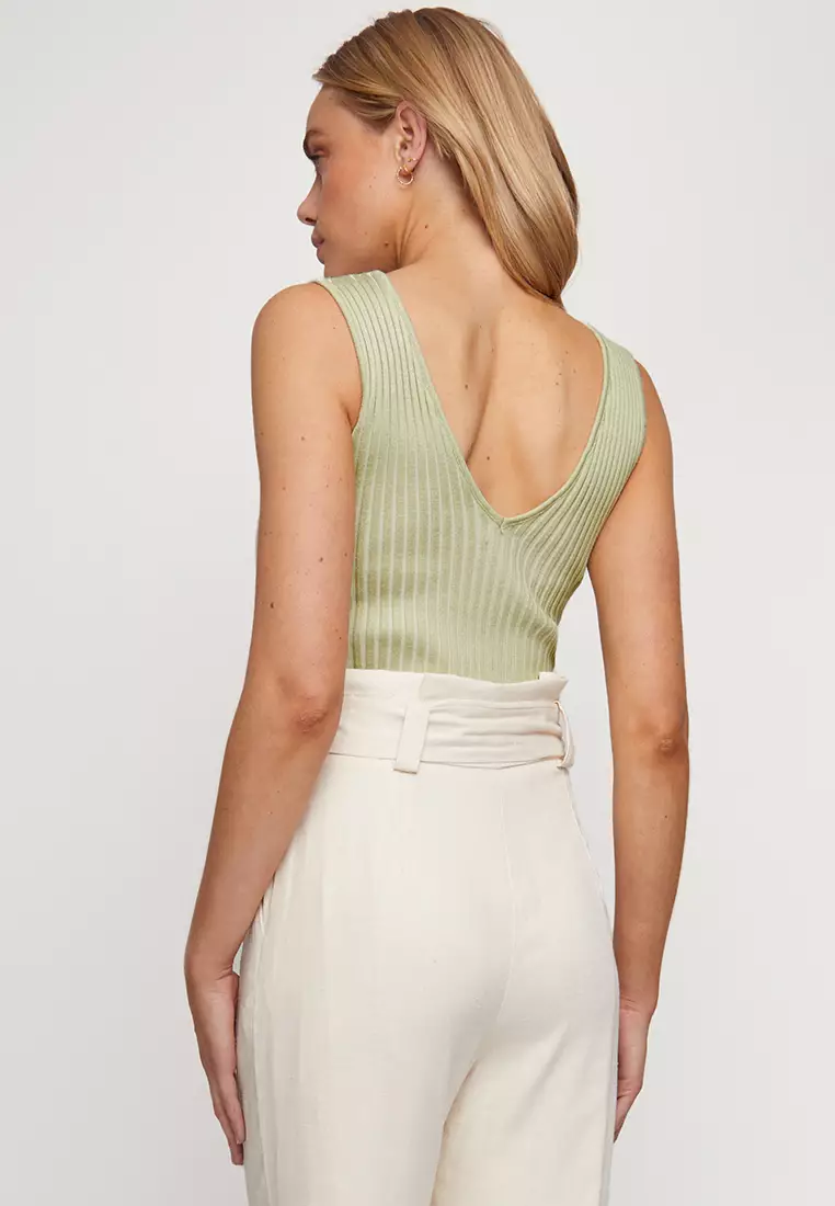 V Neck Knitted Ribbed Top