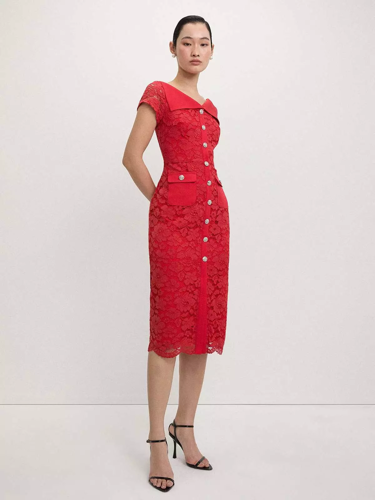 Lace Button-Up Midi Dress - Red