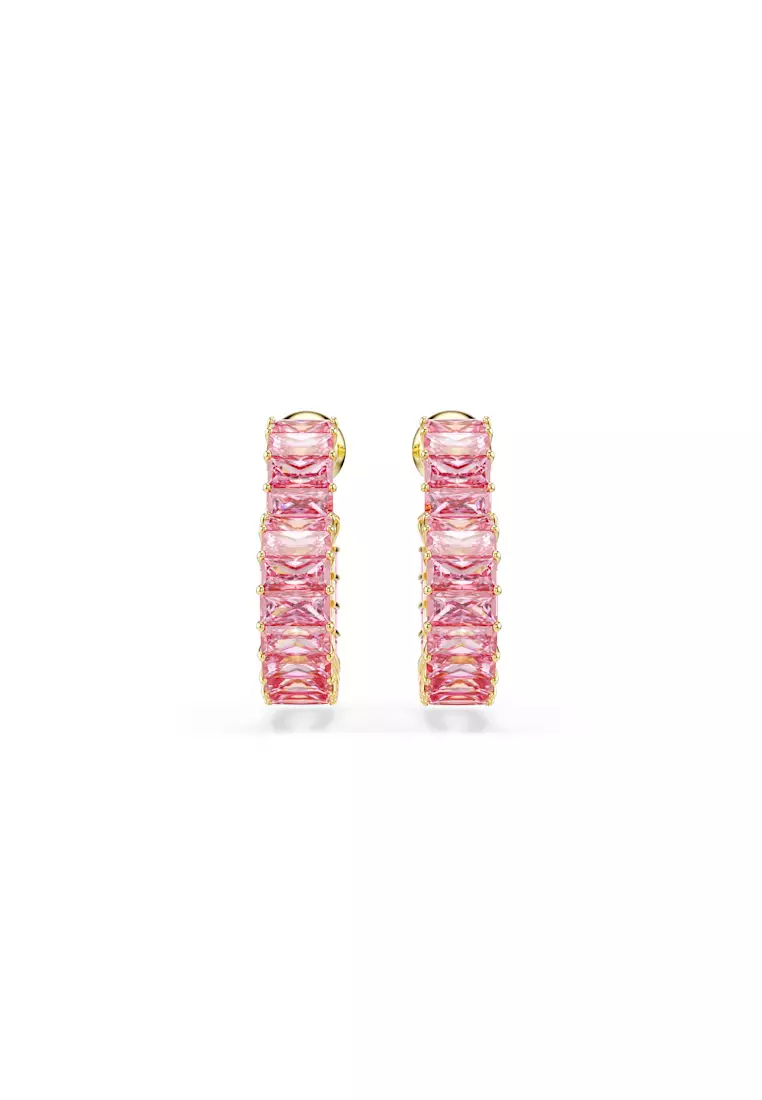 Matrix hoop earrings, Baguette cut, Heart, Small, Pink, Gold-tone plated