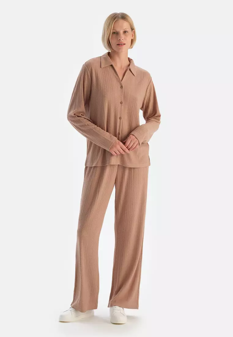 Beige Shirt, Shirt Collar, Regular Fit, Long Sleeve Loungewear for Women