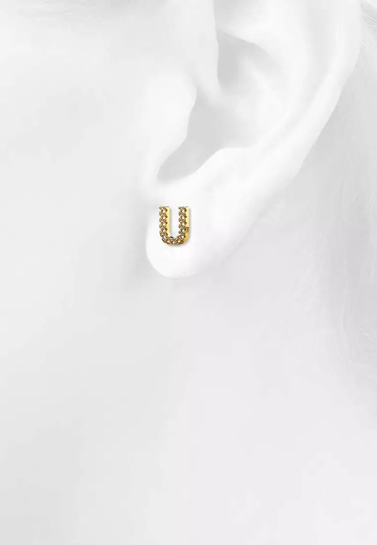 Solid 925 Sterling Silver Glamour Alphabet Letter Earrings Gold - U