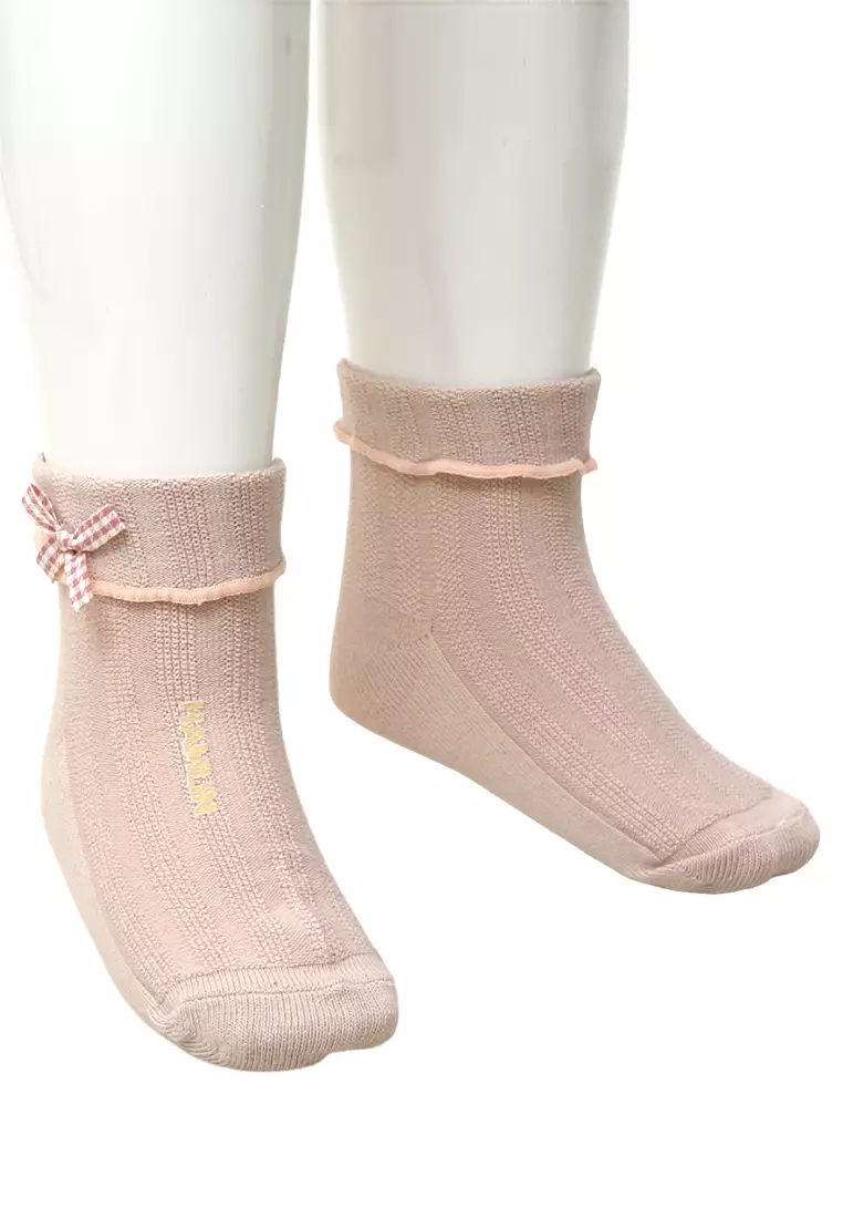 Candie Kaos Kaki Pendek Anak Perempuan Desain Plaid Pita Kids Socks Material Cotton ORIGINAL - Pink