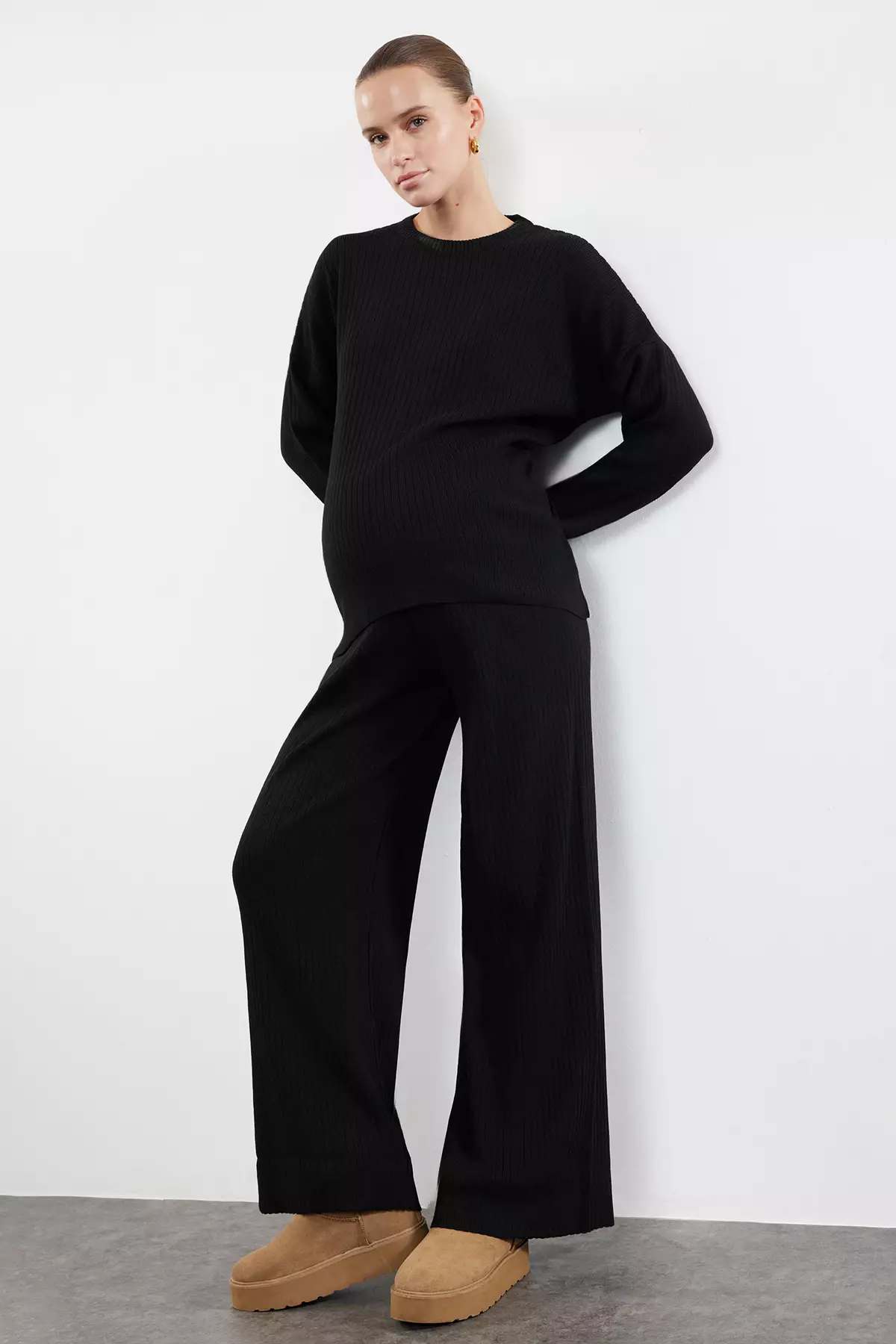 Plus Size Black Knitwear Sweater And Trousers Set Ribbed Crew Neck