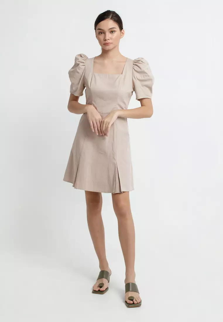 Tori Puff Sleeve Mini Dress in Khaki