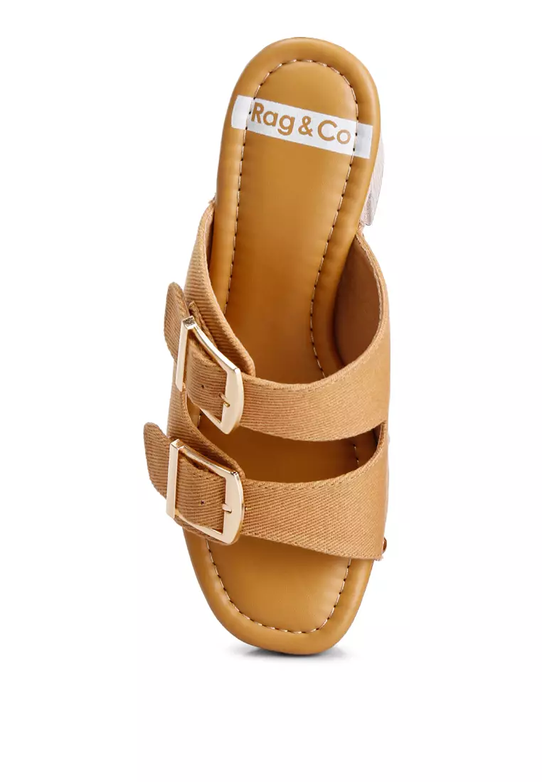 Bakiak Hak Blok Tinggi Tali Gesper Tan