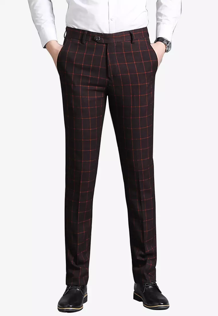 Red plaid slim fit pants store