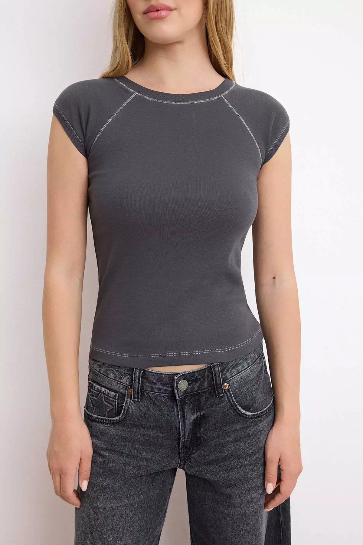 Anthracite Fitted Raglan Sleeve Short Sleeve Ribbed/Camisole Knitted Blouse Twoss26Bz618