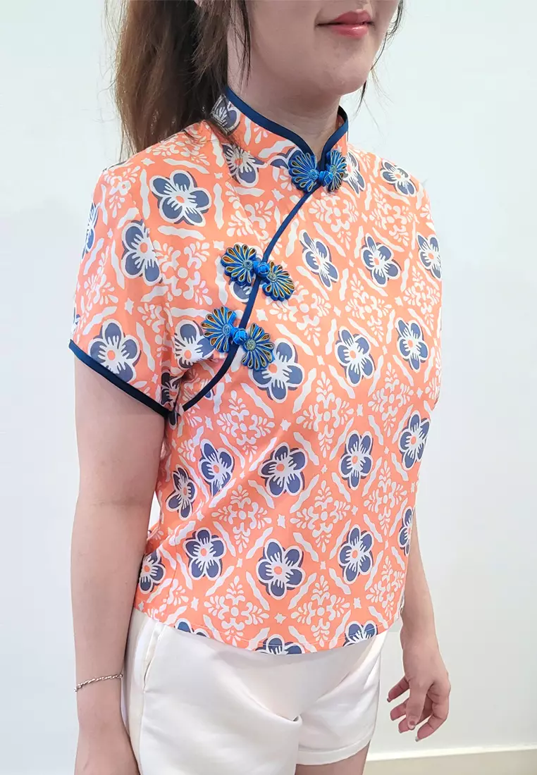 Ivory Cheongsam Cap Sleeves Top Orange Blue Stamped Batik
