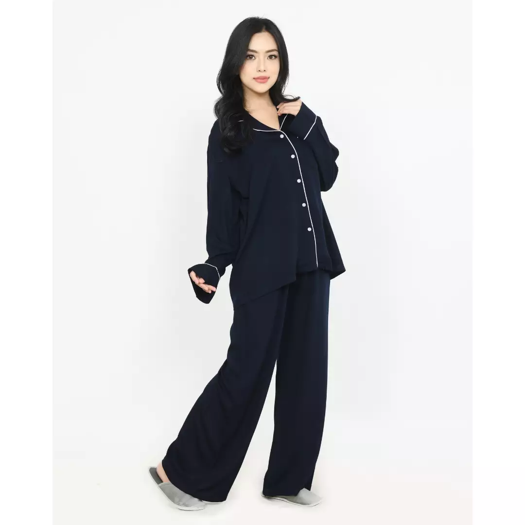 Pyjama Cotton Basic [NAVY] Baju Tidur Long Sleeve Long Pants Sleepwear