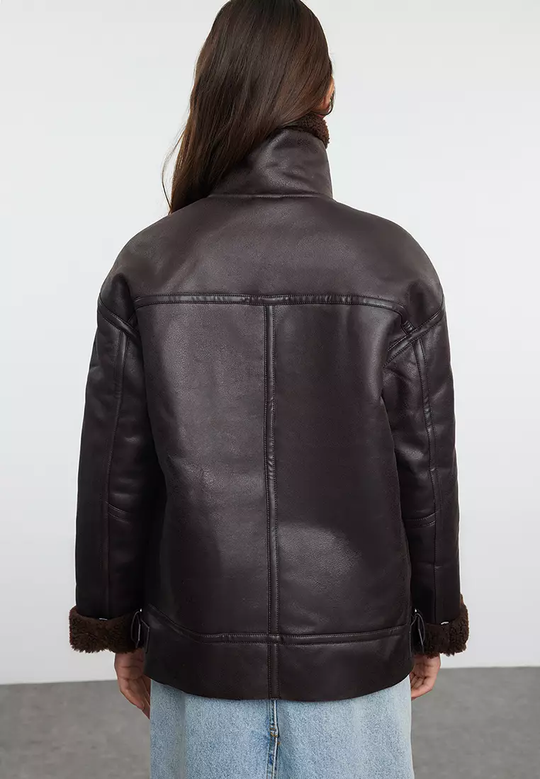 Dark Brown Regular Fit Collar Belt Detailed Plush Suede Biker Jacket Coat Twoaw25Mo00011