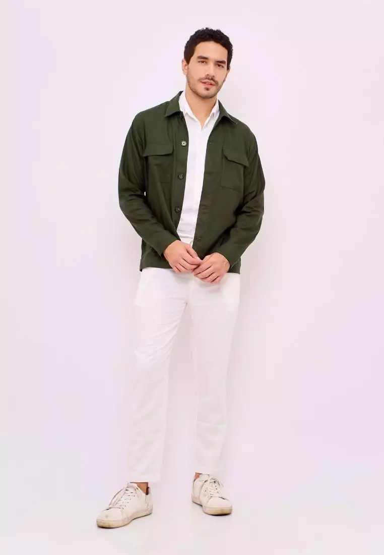 Elbrus Jaket Kemeja Outer Pria Linen Warna Hijau Army | Linen Shirt Jacket Men Army Green
