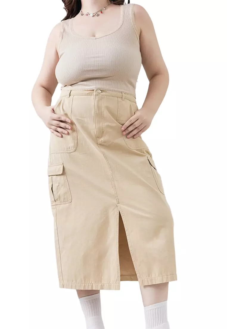 Mid Waist Cargo Midi Skirt With Front Slit