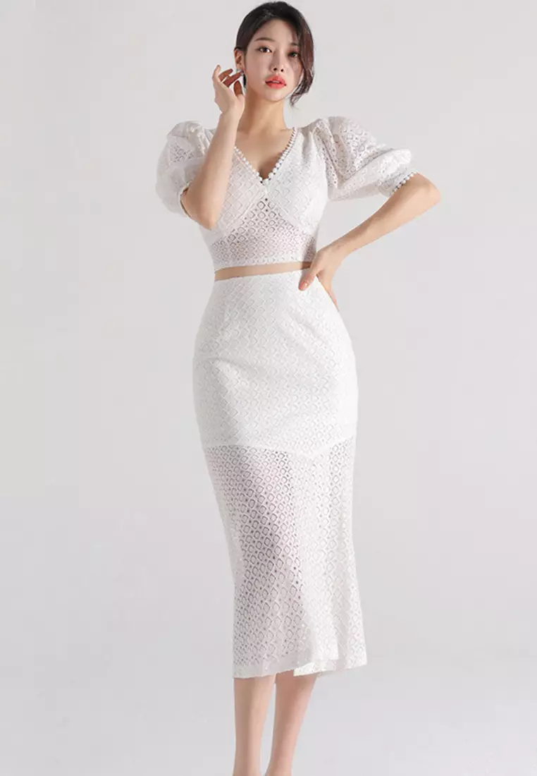 2025夏季新款兩件套蕾絲開叉包臀裙套裝CA081605