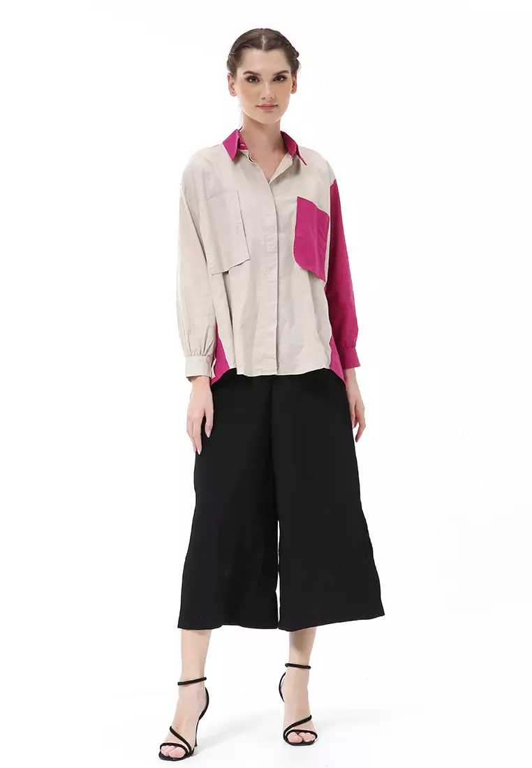 Brielle Atasan Wanita Kemeja Lengan Panjang Model Dua Warna Shirt Two Tone Material Cotton ORIGINAL - Beige Fuschia