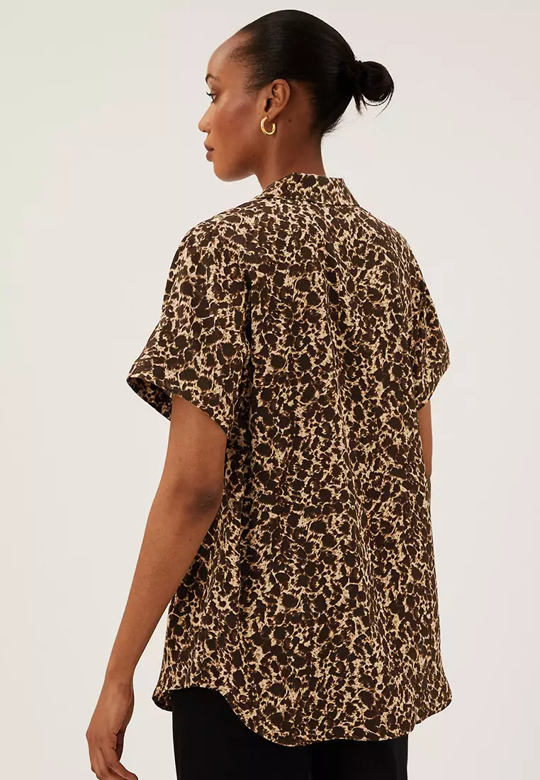 Animal Print Short Sleeve Popover Blouse