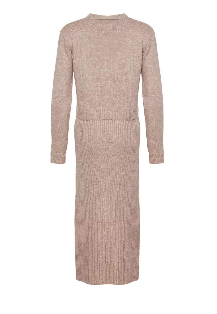 Light Brown Corded Soft Textured Knitwear Dress Cardigan Suit TCTAW25US00049