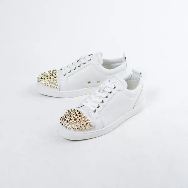 Sepatu CL CHRISTIAN LOUBOUTIN LOUIS JUNIOR SPIKE GOLD ALL WHITE LEATHER SNEAKER 100% ORIGINAL
