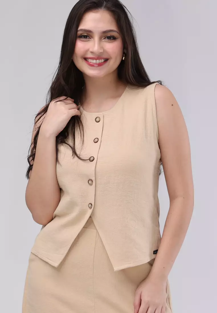 Woven Cotton Wrinkle Sleeveless Blouse Terno Skort