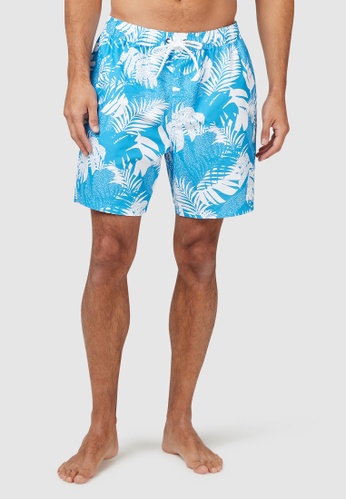 Piping Hot blue Mid-Thigh Tropical Sustainable Swim Shorts with Drawstring 5B9B0USC40784DGS_1