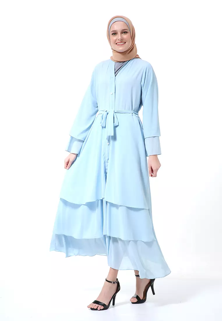 Nadeline Gamis Abaya Wanita Motif Polos Long sleeve Premium High Quality - Powder Blue