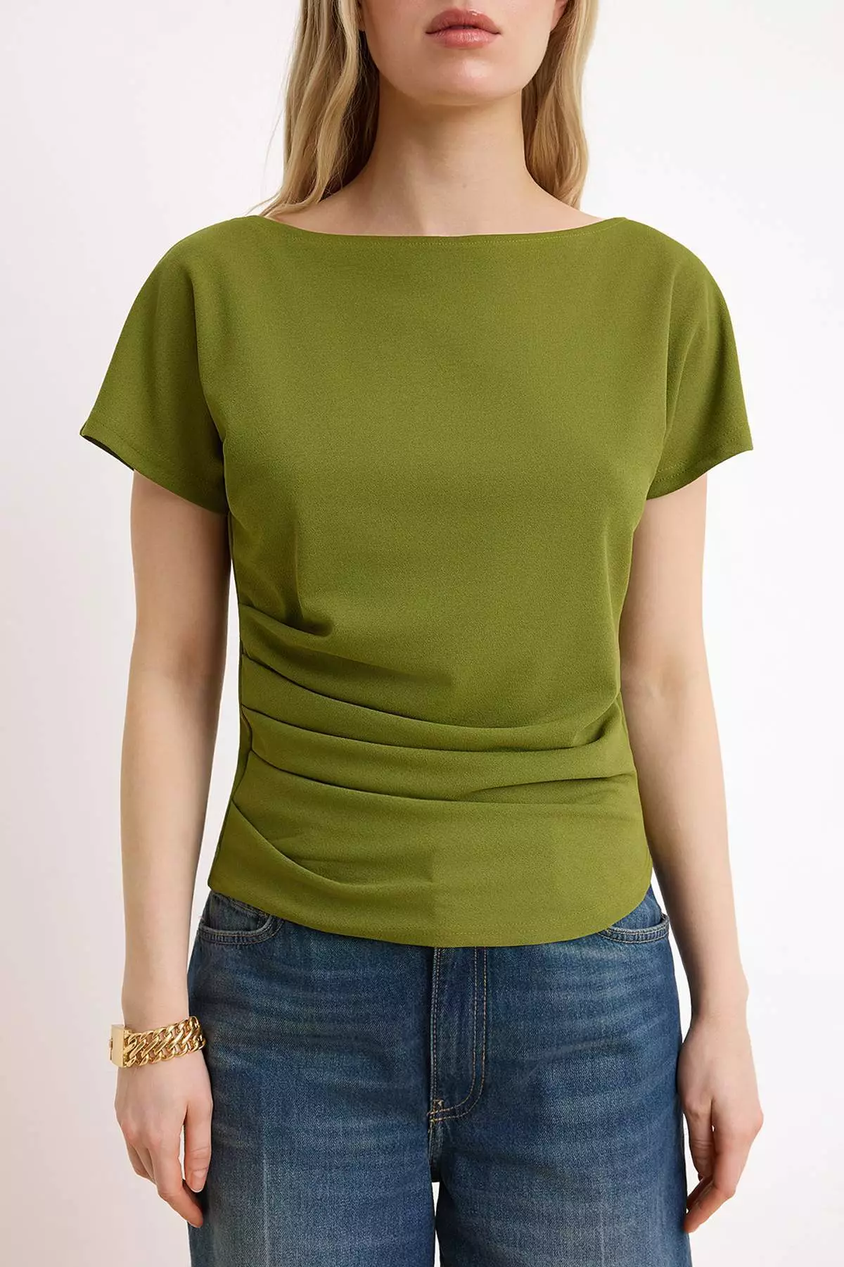 Oil Green Fitted/Bodycon Boat Neck Low Shoulder Short Sleeve Scuba Crepe Knitted Blouse Twoss26Bz8