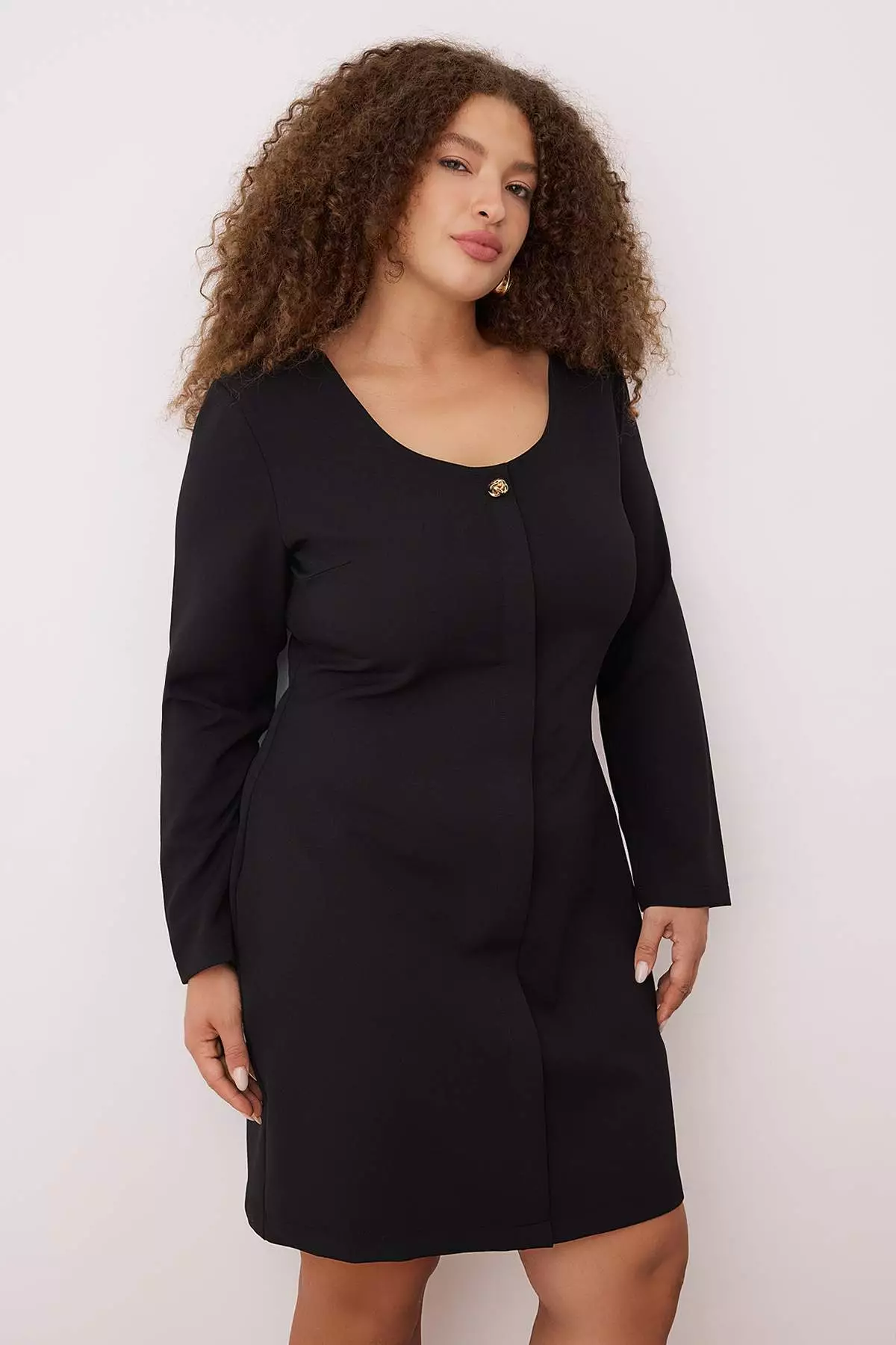 Plus Size Button Detailed Mini Woven Dress