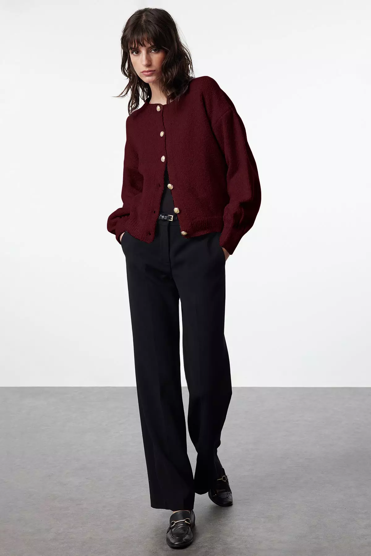 Burgundy Button Detailed Soft Textured Knitwear Cardigan