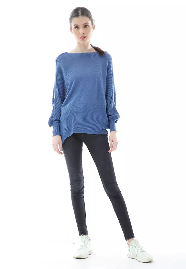 Eveline Sweater Rajut Batwing Atasan Wanita Motif Polos High Quality - Denim