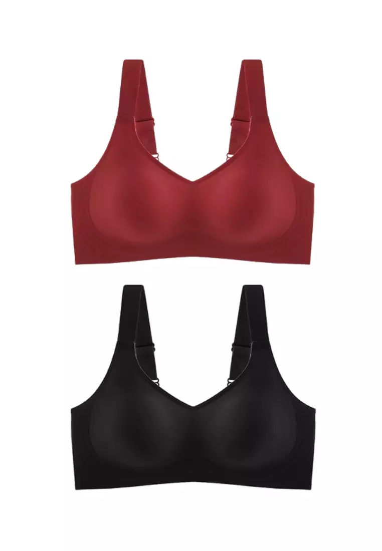 2 Pack Premium Melinda Seamless Wireless Padded Support Bra in Wine and Black