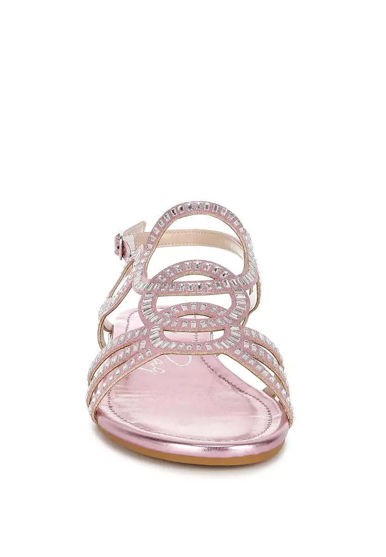 Sandal Datar Berlian Imitasi Detail Potongan Warna Pink