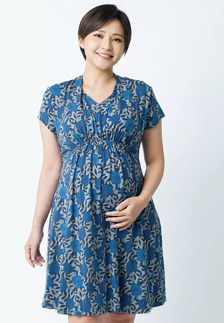 Blue Maternity Empire Gathered Nursing Dress