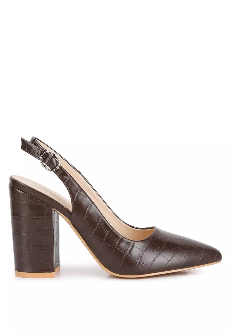 Discount on London Rag  shoes - SKU: Brown Croc Texture Sling Back Heels