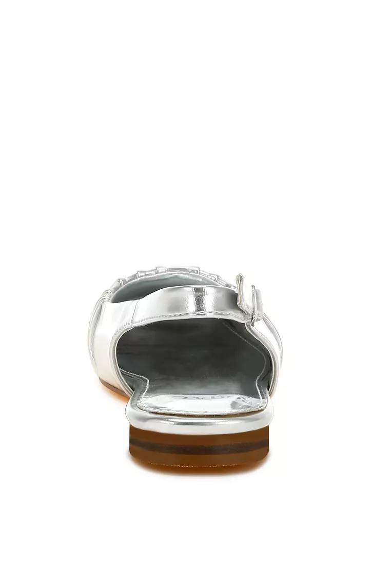 Metallic Square Toe Flat Slingbacks in Silver