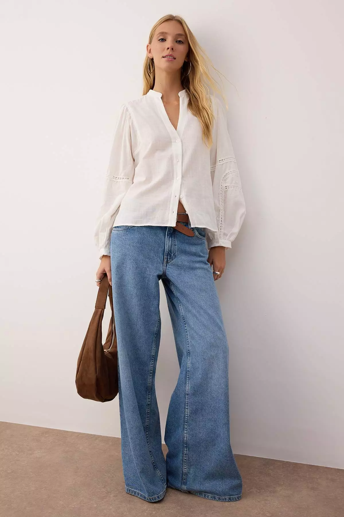 White Boho Shirt With Lace Stripe Detail On Sleeves