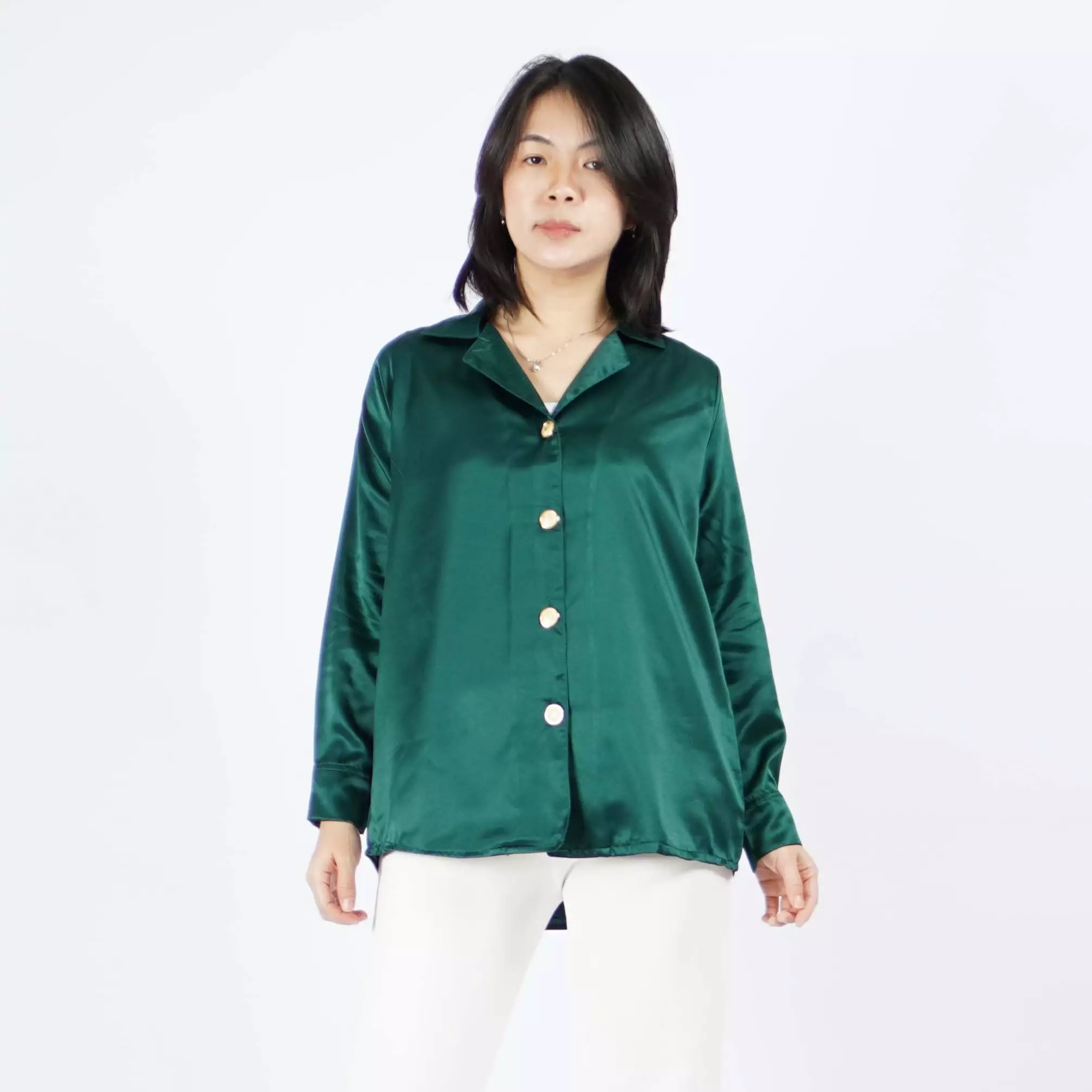 Kemeja Satin VICTORIA Kemeja Wanita Gaya Korea - Hijau