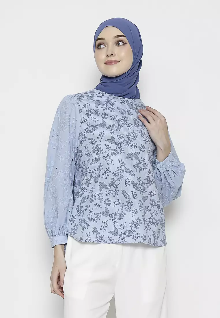 Urban Exchange Verano Blue Blouse - Atasan Blouse Printed Lengan Panjang