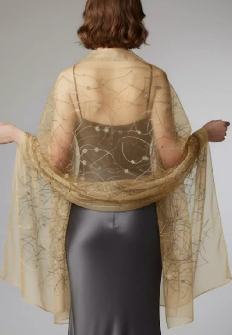 Aksesoris Syal Pesta Wanita Plain Silk With Hearts Pattern Embellishement Shawl Golden Sand