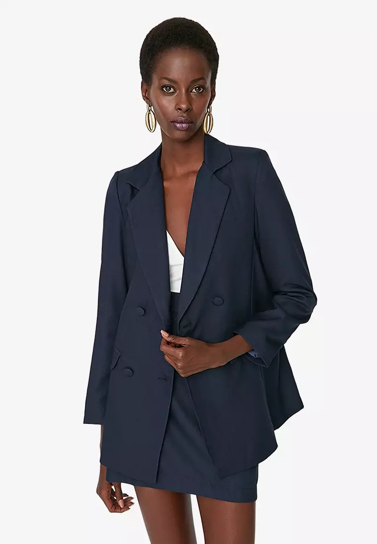 Shop Solid Formal Blazer with Long Sleeves and Notched Lapel Online