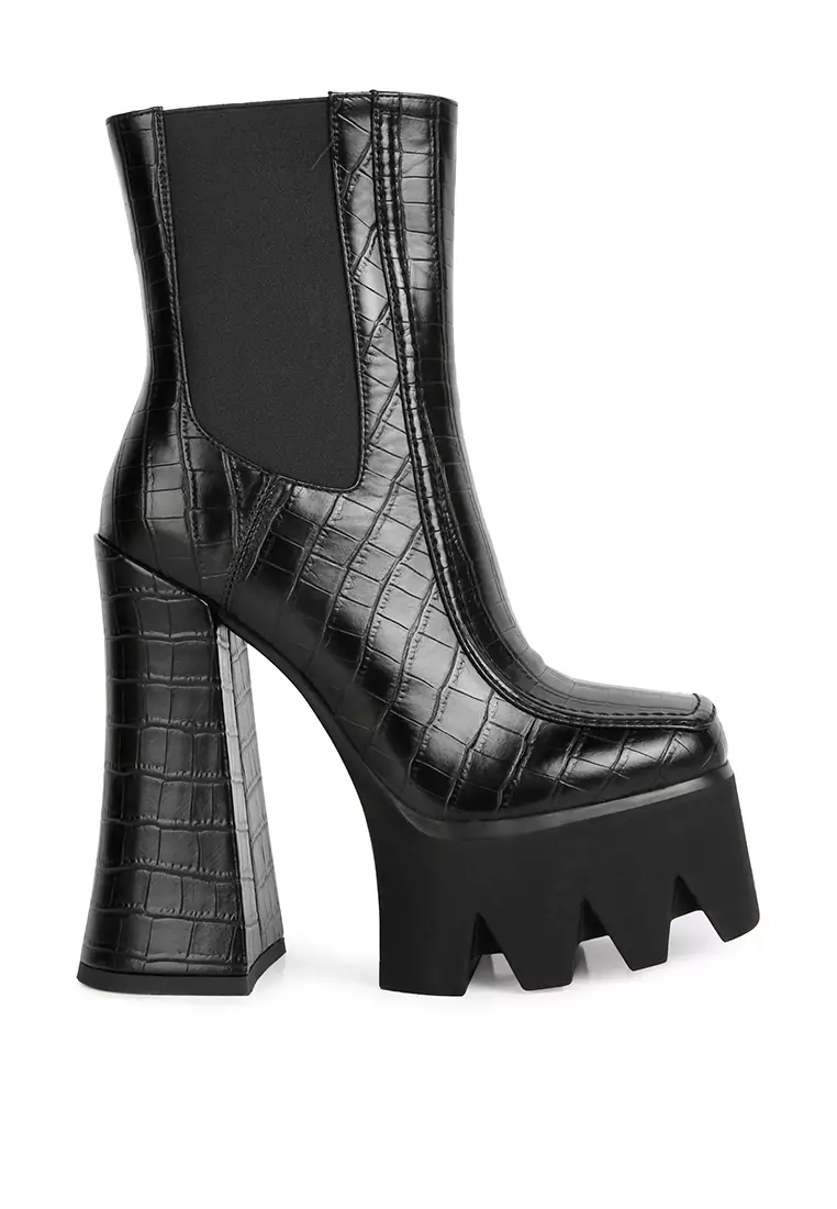 Black High Platform Block Heel Lace Up Biker Boots