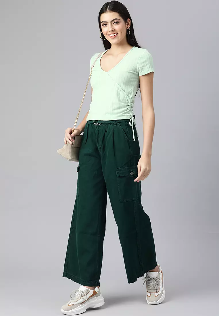 Green Solid Rib Knit Wrap Top