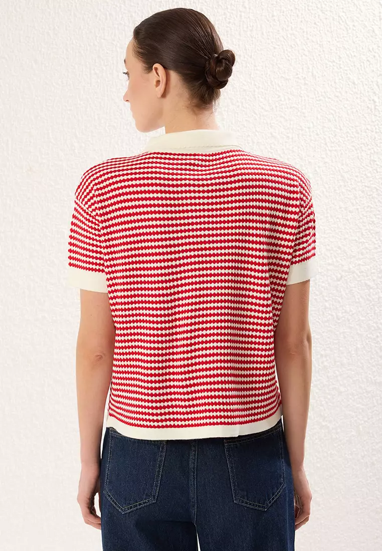 Red Polo Collar Striped Blouse Twoss25Bz00183