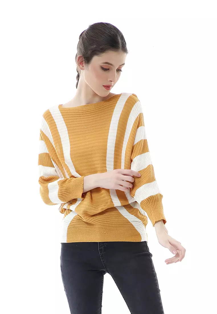 Viana Blouse Rajut Atasan Wanita Motif Zebra Stripe Oversize Jumbo Premium Quality - Mustard
