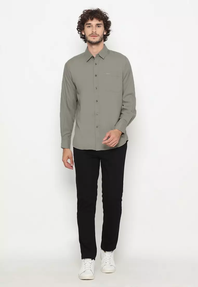 POLICE Kemeja Polos Basic Cotton Soft Grey Regular Fit Lengan Panjang Pria