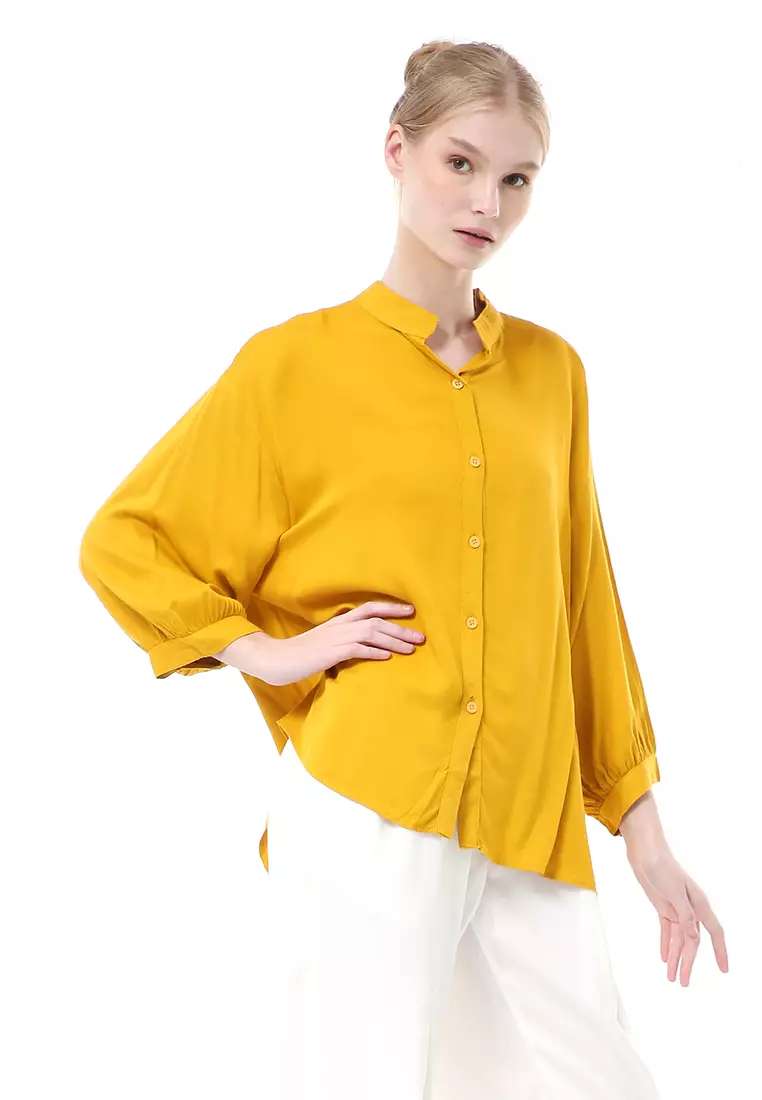 Ghita Kemeja Atasan Wanita Motif Polos Long Sleeve High Quality - Mustard