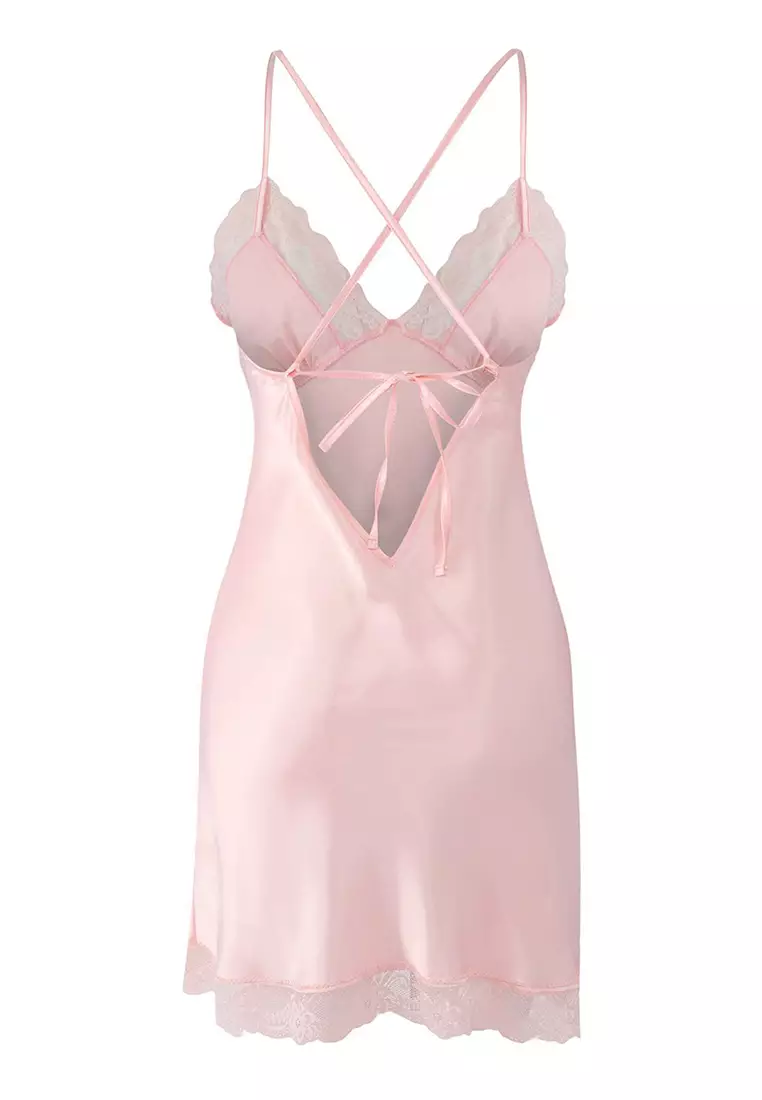 Pink Lace And Slit Detail Strap Satin Nightgown