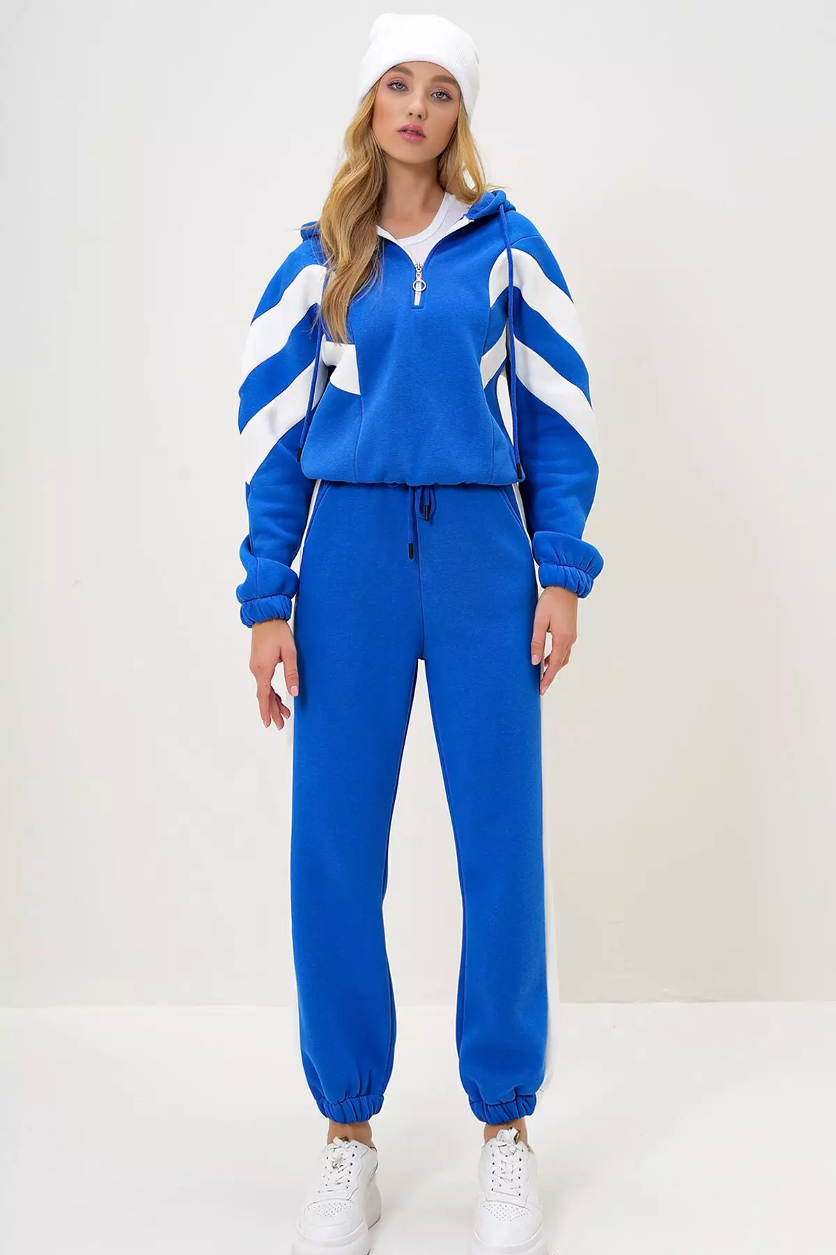Women's Saks Hooded Half Zippered Sweatshirt and Elastic Leg Tracksuit Set